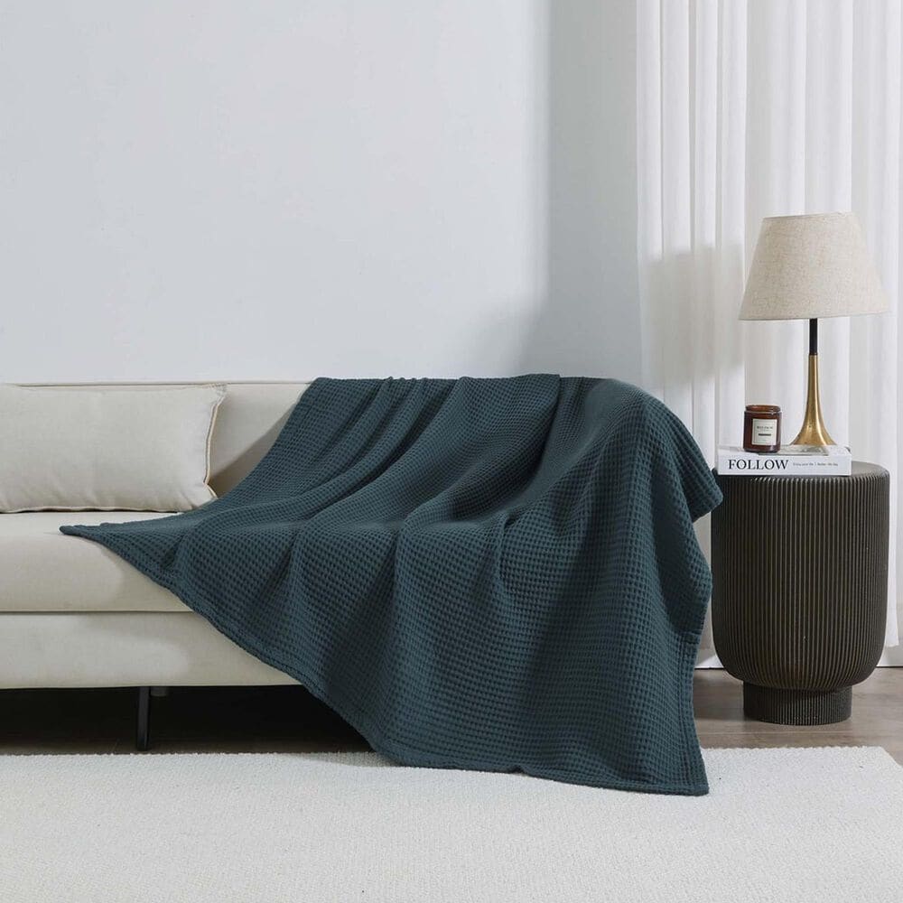 Trade Linker Full/Queen Waffle Weave Knit Throw Blanket in Indigo, , large