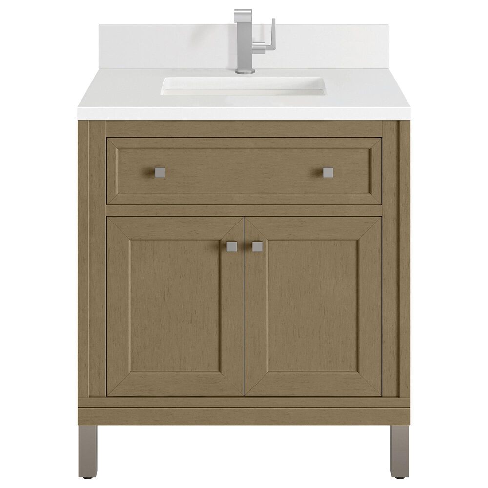 James Martin Vanities Chicago 30" Single Bathroom Vanity in Walnut Whisper with Single Hole 3 cm White Zeus Quartz Top and Rectangular Sink, , large