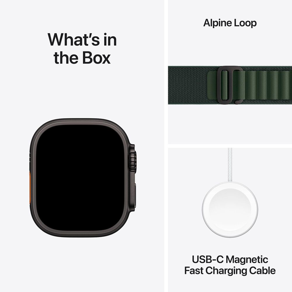 Apple Watch Ultra 2 GPS + Cellular 49mm Black Titanium Case with Dark Green Alpine Loop - Medium, , large