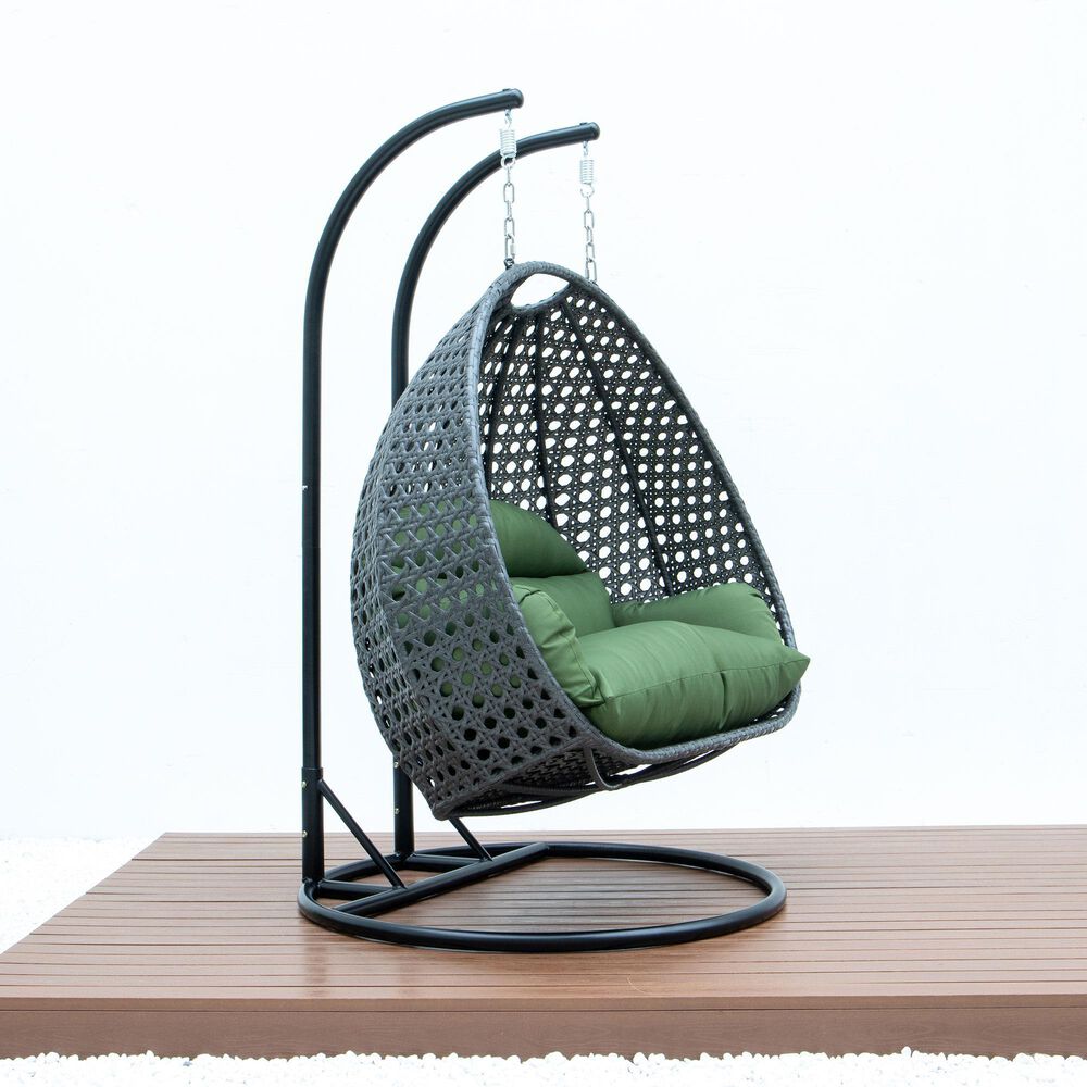 Leisuremod Patio 2-Seat Hanging Egg Swing Chair with Dark Green Cushion in Charcoal, , large