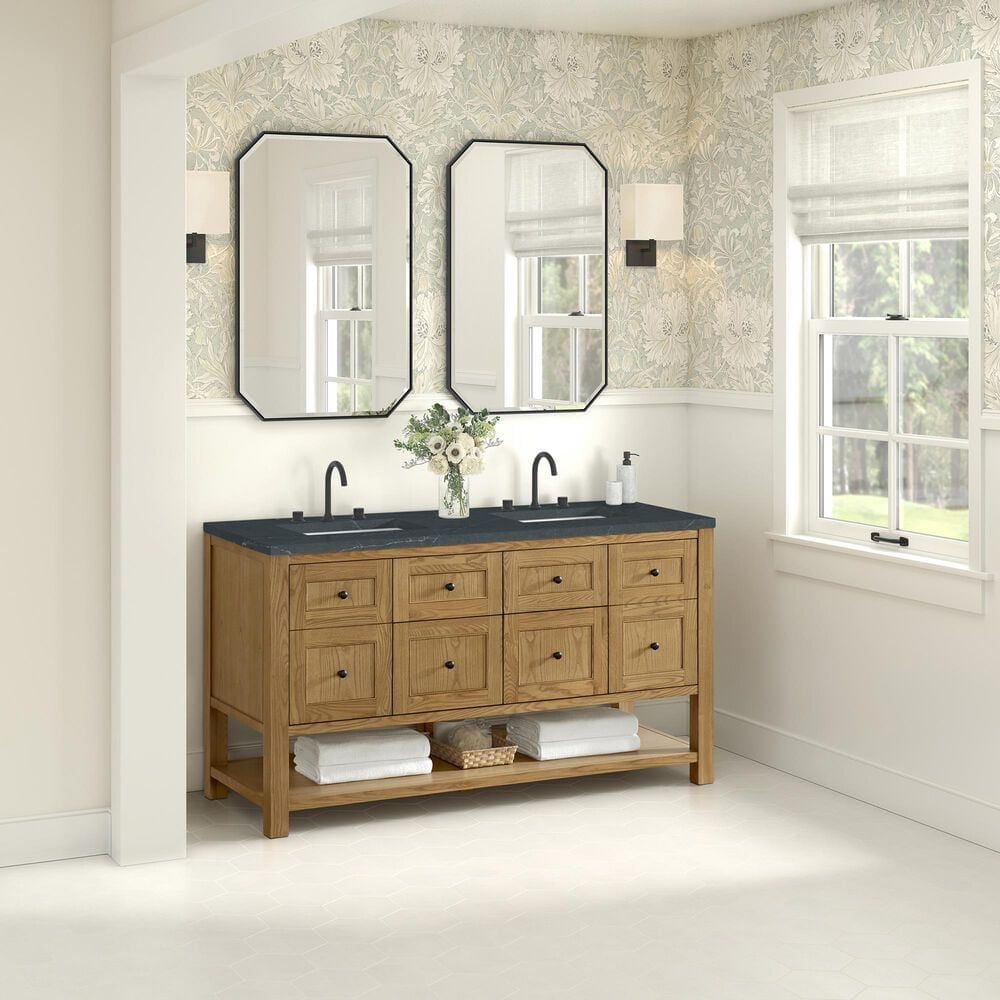 James Martin Vanities Breckenridge 60&quot; Double Bathroom Vanity in Light Natural Oak with 3 cm Charcoal Soapstone Quartz Top and Rectangular Sinks, , large