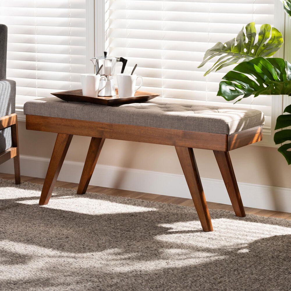 Baxton Studio Alona Dining Bench with Light Grey Cushion in Walnut Brown, , large