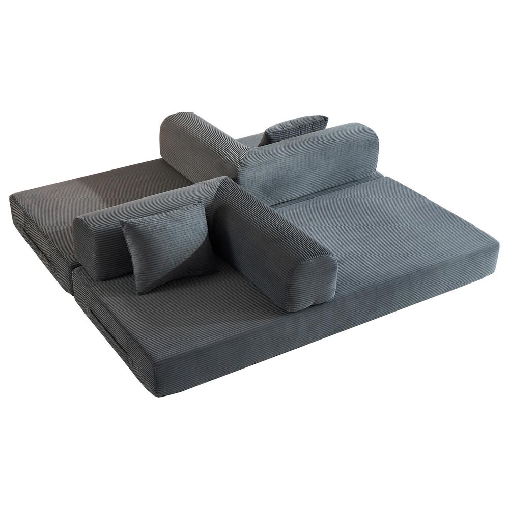 GigaCloud Corduroy Convertible Sleeper Sofa with Cylindrical Pillow in Gray, , large