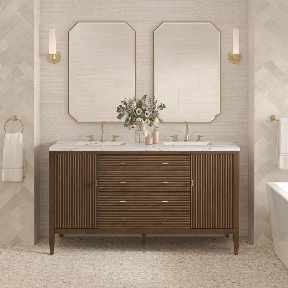 James Martin Vanities Myrrin 60&quot; Double Vanity in Mid Century Walnut with 3 cm Ethereal Noctis Quartz Top, , large