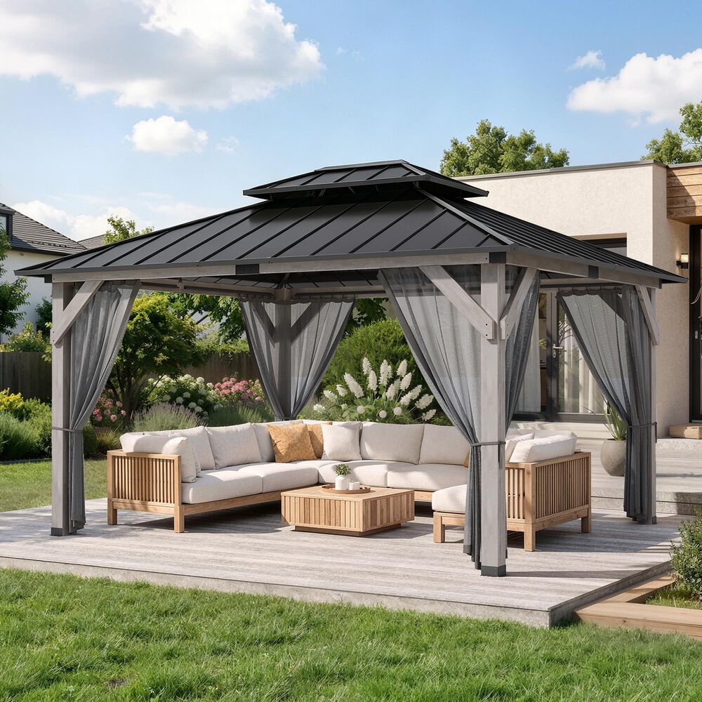 HOMLUX 12' x 14' Patio Hardtop Gazebo with Wood Posts in Light Gray, , large