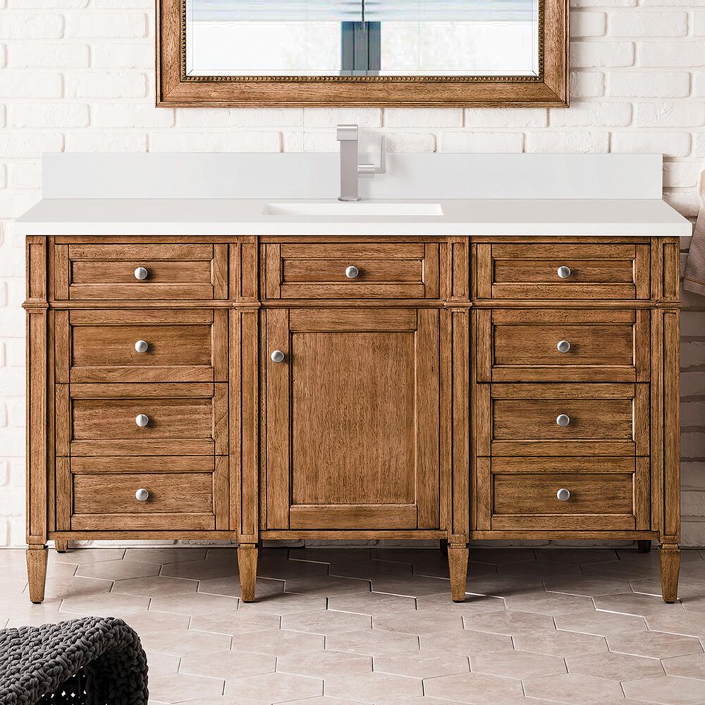 James Martin Vanities Brittany 60&quot; Single Bathroom Vanity in Saddle Brown with Single Hole 3 cm White Zeus Quartz Top and Rectangular Sink, , large