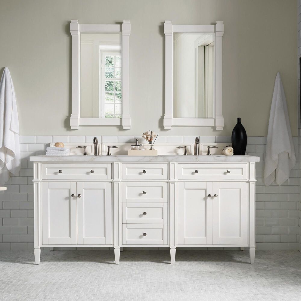 James Martin Vanities Brittany 72" Double Bathroom Vanity in Bright White with 3 cm Eternal Jasmine Pearl Silestone Top, Rectangular Sinks and FreePower Wireless Charger, , large