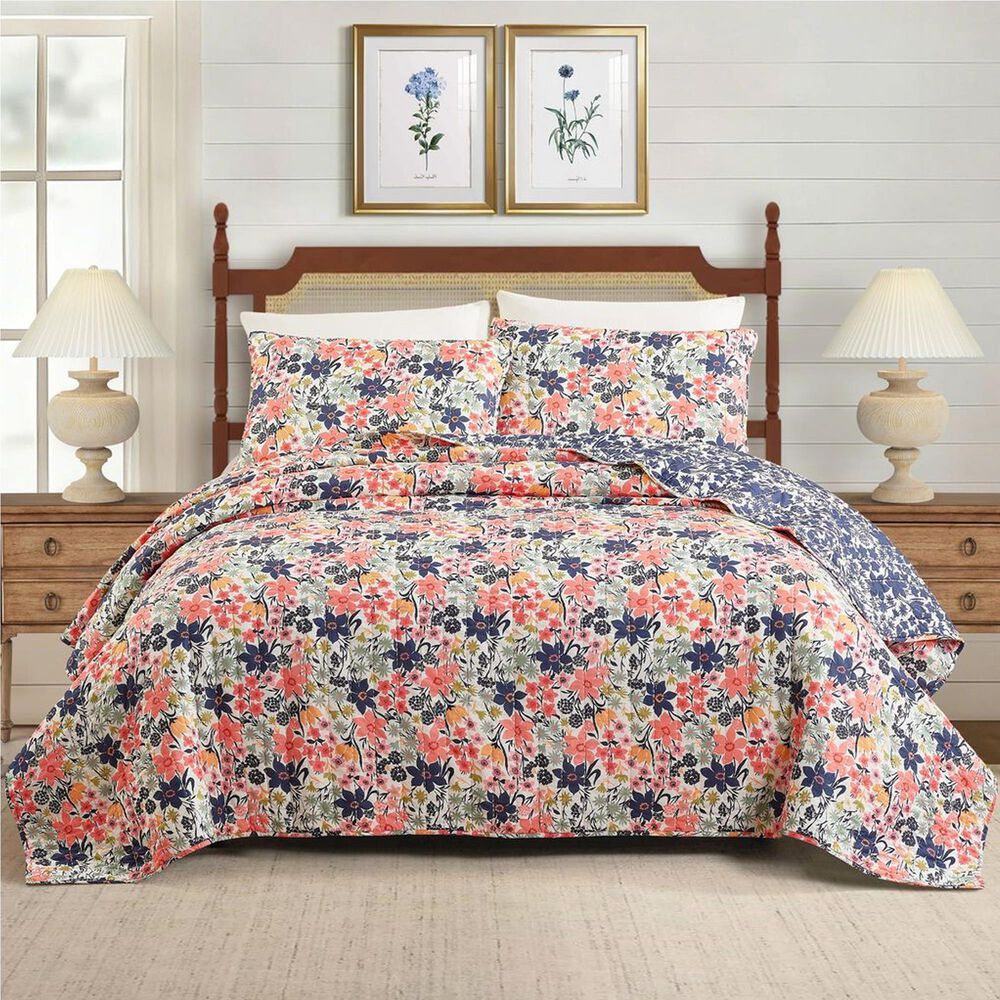 Peking Handicraft Marsh Hens 3-Piece King Floral Quilt Set in Coral, Pink, Green and Navy, , large