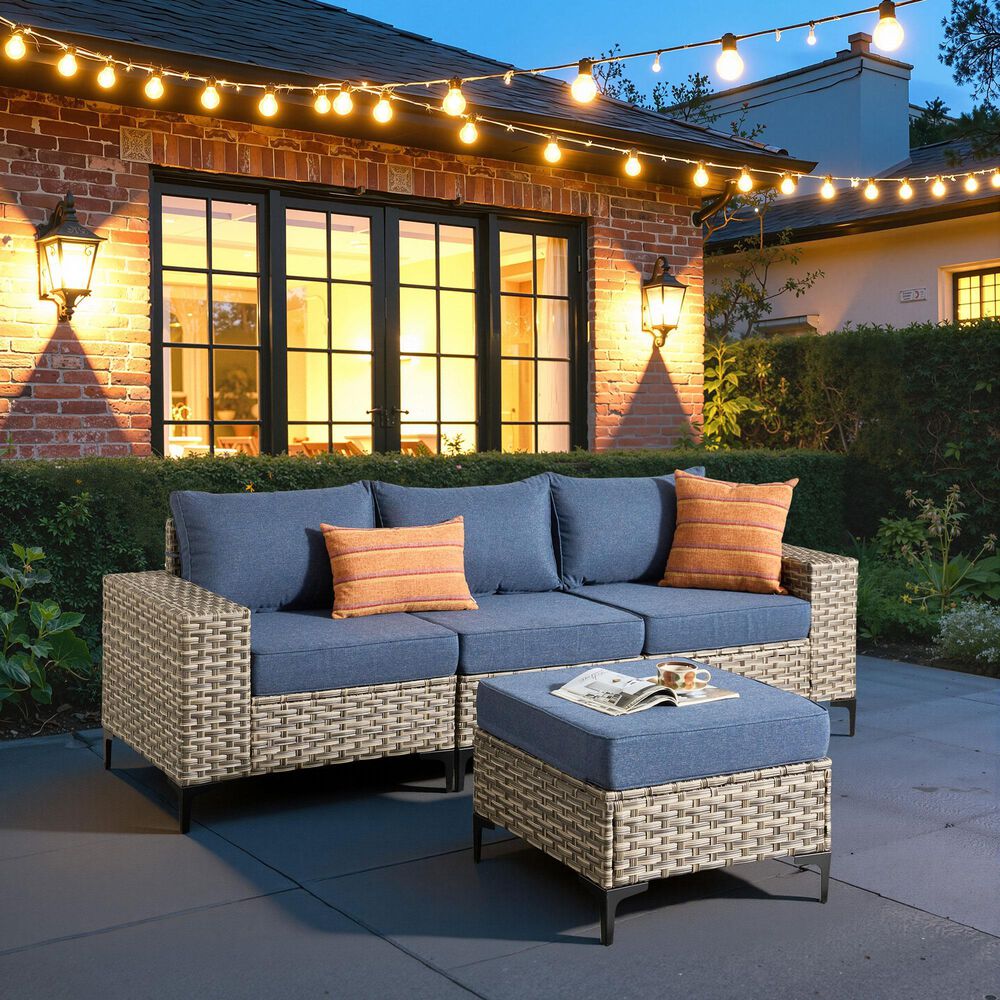 HOMLUX 4-Piece Patio Modular Sofa and Ottoman Set in Denim Blue, , large