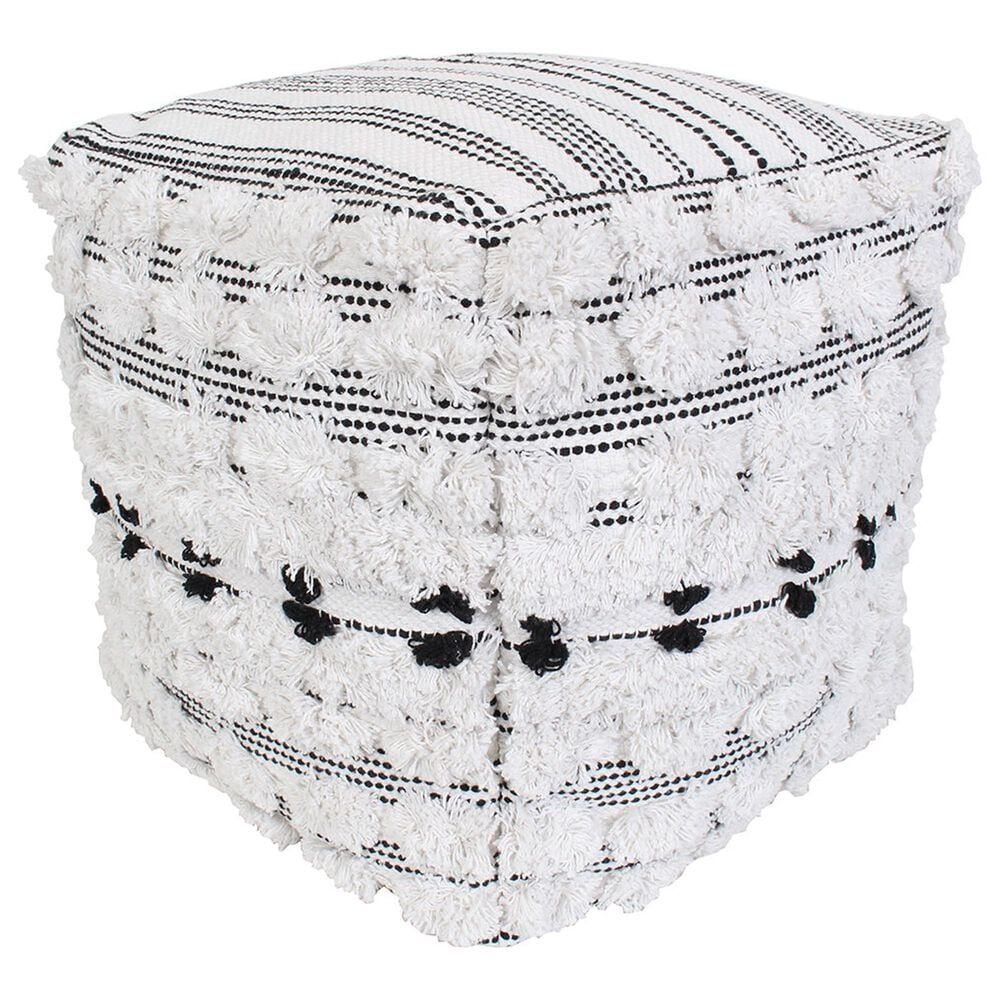 India House 18" Fringe Pouf in Black and White, , large
