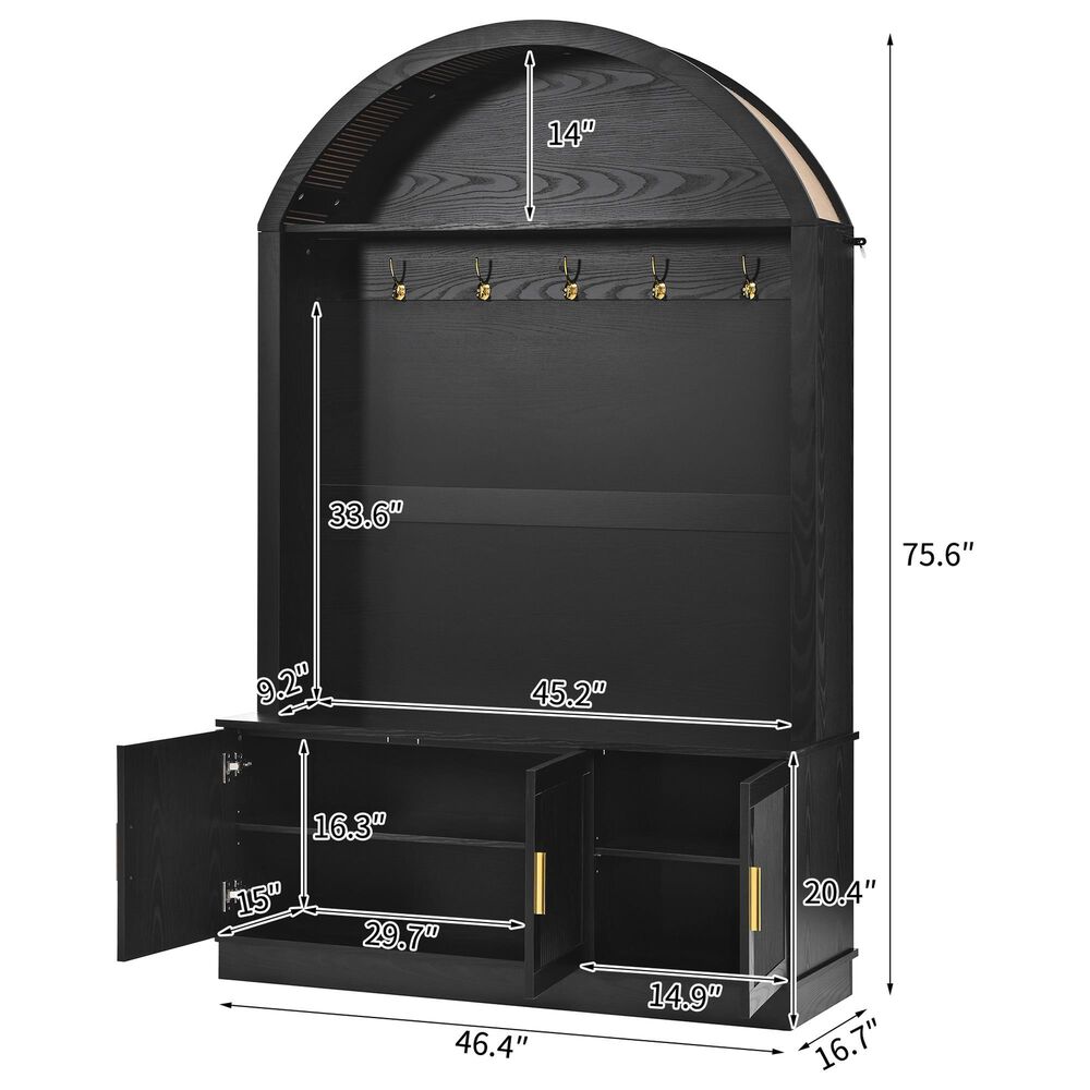HOMLUX Farmhouse Fabric Arched Top Hall Tree with 5 Metal Hooks and Adjustable Shelves in Black, , large