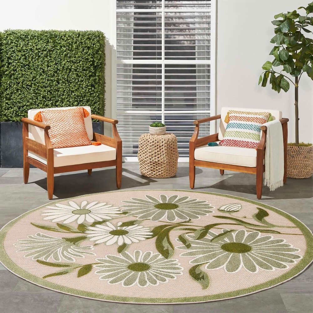 Nourison Aloha ALH33 5&#39;3&quot; Round Ivory and Green Indoor/Outdoor Area Rug, , large