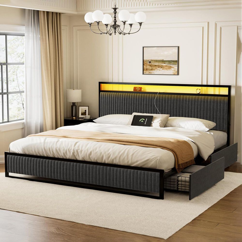 HOMLUX 2-Drawer King Storage Bed with LED Headboard and USB Ports in Gray, , large