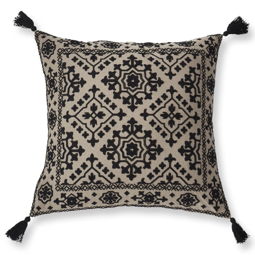 K & K Interiors 20" Square Embroidered Throw Pillow with Tassels in Beige and Black, , large