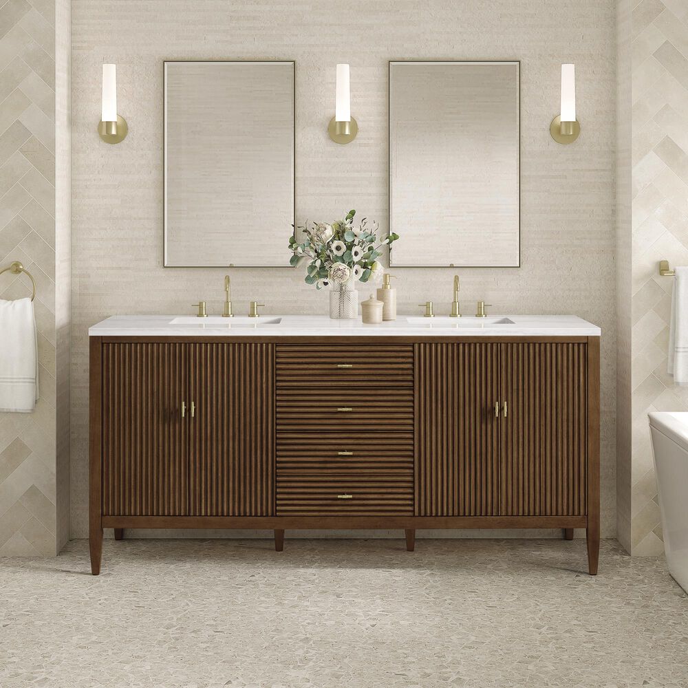 James Martin Vanities Mirin 72&quot; Double Vanity in Mid-Century Walnut with 3 cm Arctic Fall Solid Surface Top, , large