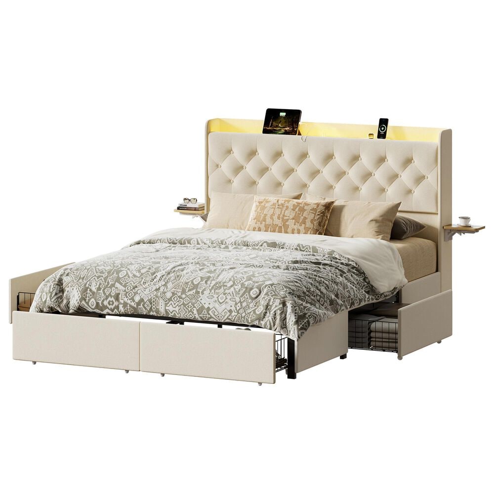 HOMLUX Full Upholstered Platform Storage Bed with Headboard Shelf and USB Charging Station in Beige, , large