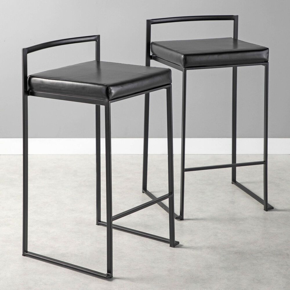 LumiSource Fuji Stackable Counter Stool with Black Faux Leather Cushion in Black &#40;Set of 2&#41;, , large