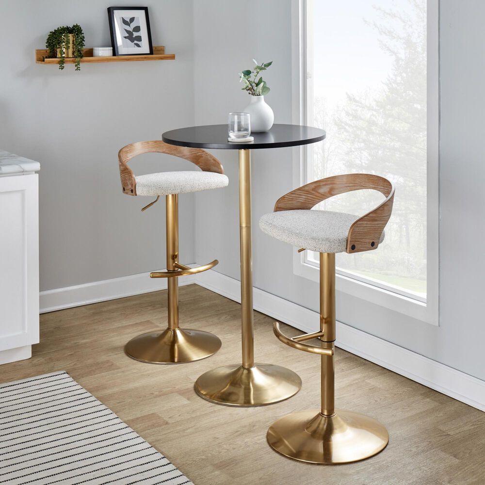LumiSource Grotto Adjustable Swivel Barstool with Oat Fabric Upholstery in Gold and Whitewashed (Set of 2), , large