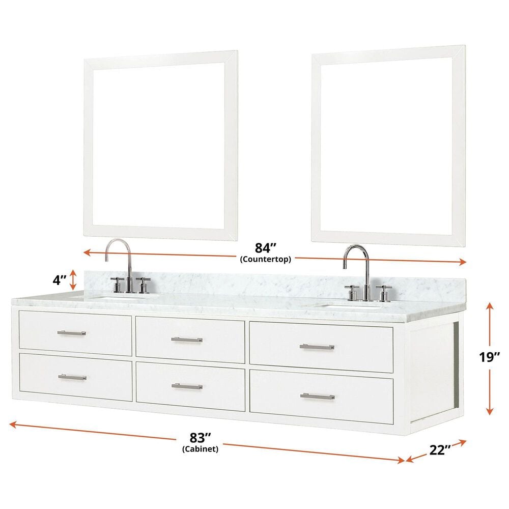 Lexora Home Castor 84" Double Bathroom Vanity in White with 2 cm White Carrara Marble Top and Rectangular Sinks, , large