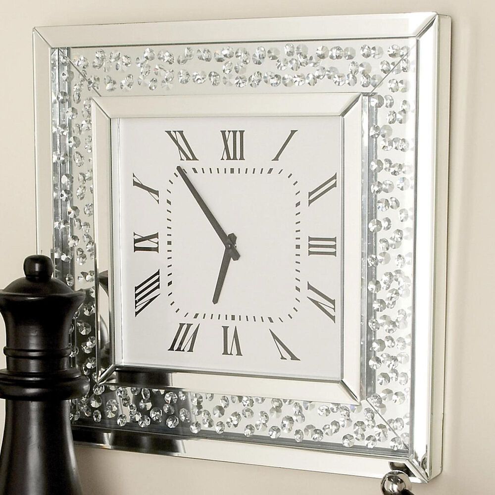 Maple and Jade Decorative Wall Clock with Floating Crystals in Silver, , large