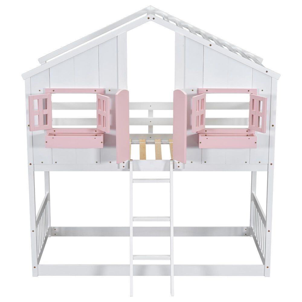 Hearth and Haven Twin over Twin House Bunk Bed with Roof in Pink and White, , large