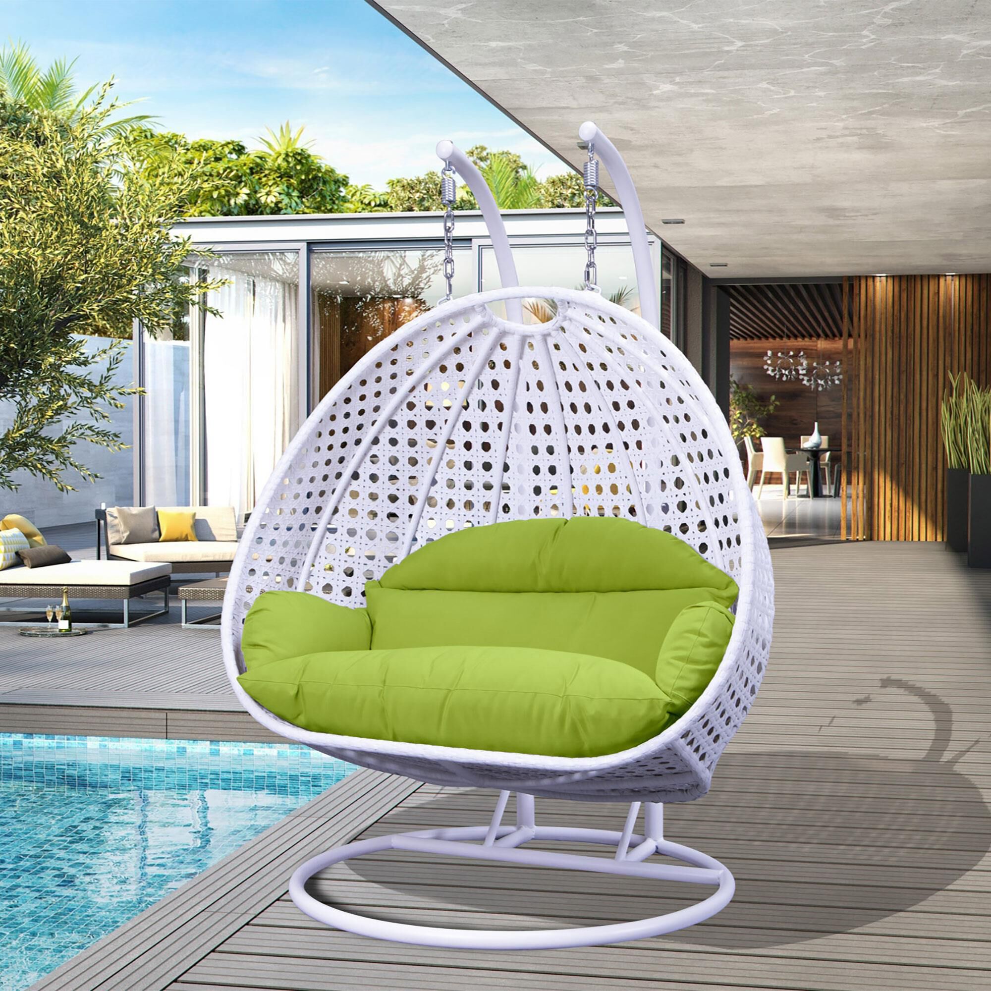 Leisuremod 2 Seat Hanging Egg Swing Chair with Light Green Cushion in White NFM