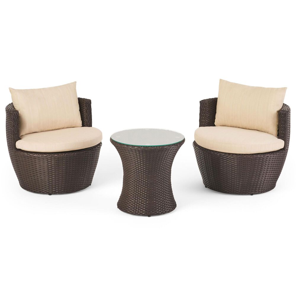 Hearth and Haven Kono 3-Piece Outdoor Chat Set with Dark Brown Glass-Top Hourglass Side Table in Ivory, , large