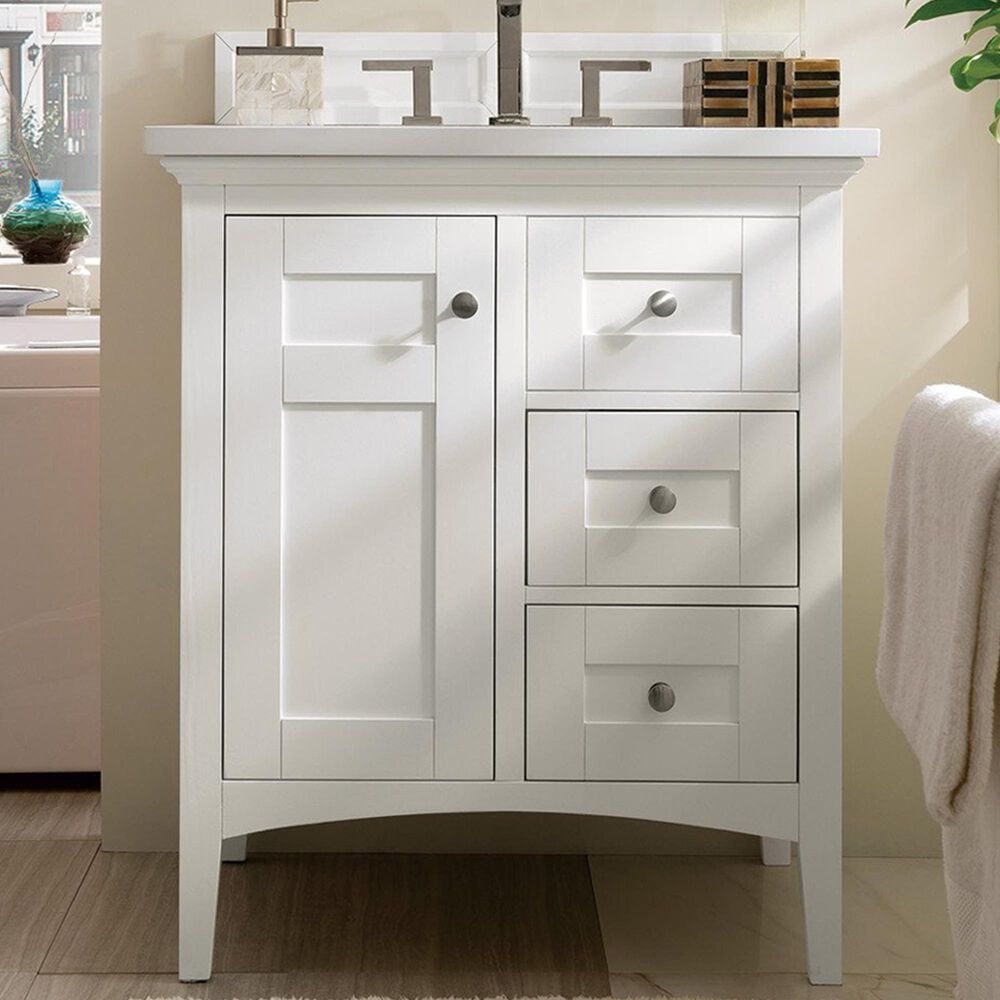 James Martin Vanities Palisades 30&quot; Single Bathroom Vanity in Bright White with 3 cm White Zeus Quartz Top and Rectangular Sink, , large
