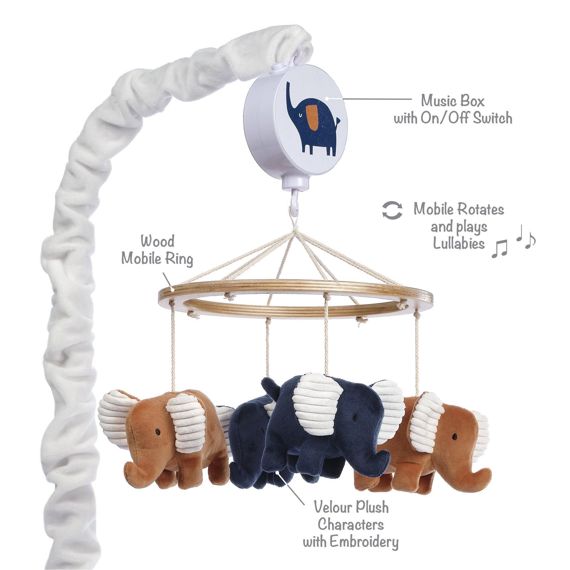 Lambs and Ivy Playful Elephant Musical Baby Crib Mobile Soother Toy in Indigo Blue Caramel Cream and White NFM