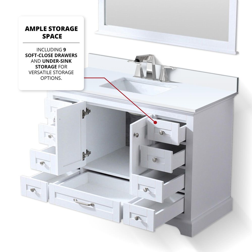 Lexora Home Dukes 48&quot; Single Bathroom Vanity in White with 2 cm White Cultured Marble Top and Rectangular Sink, , large