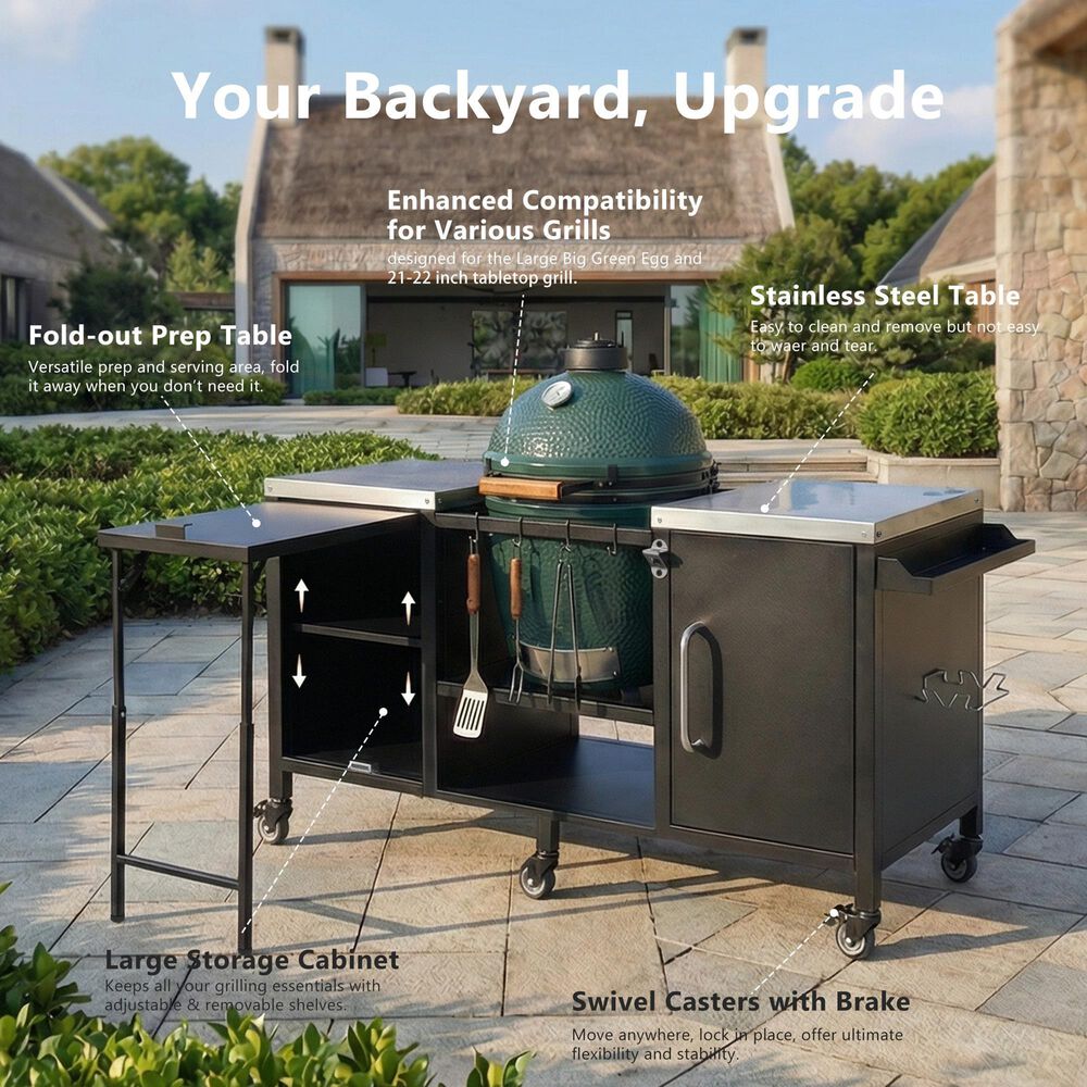 HOMLUX 72.4" Outdoor Kitchen Island with Large Fold-out Prep Table and Adjustable Shelves for Big Green Egg in Black, , large