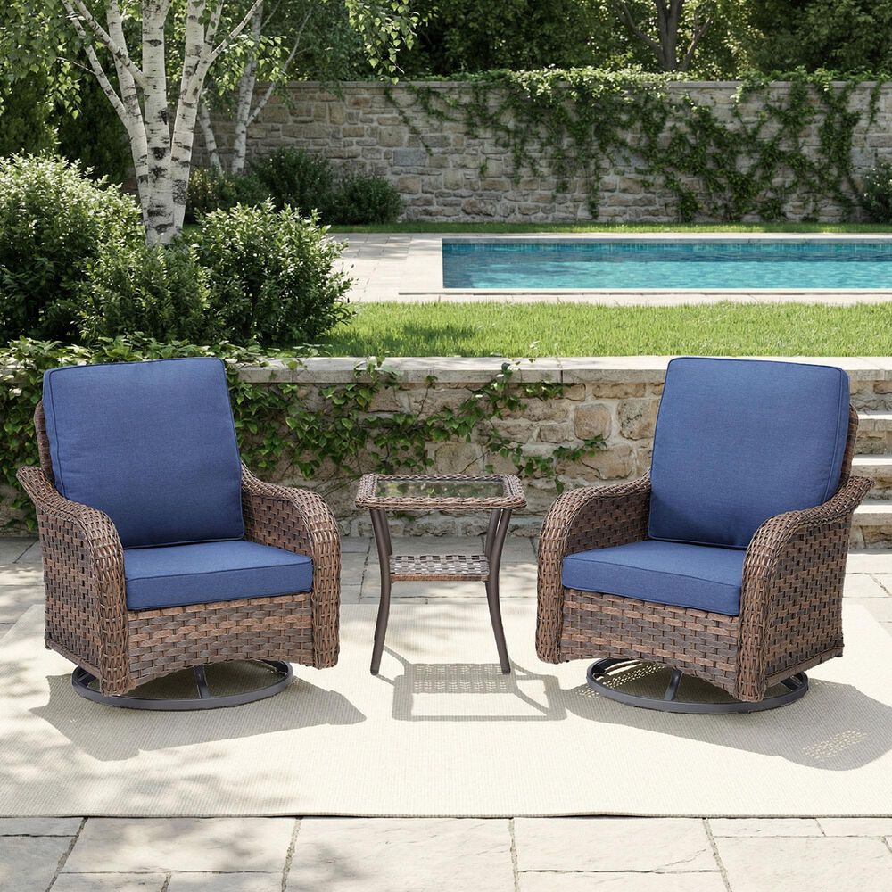 Sunwell Garden 3-Piece Patio Swivel Glider Set with 31.5" High Roll-Arm Chair in Navy, , large