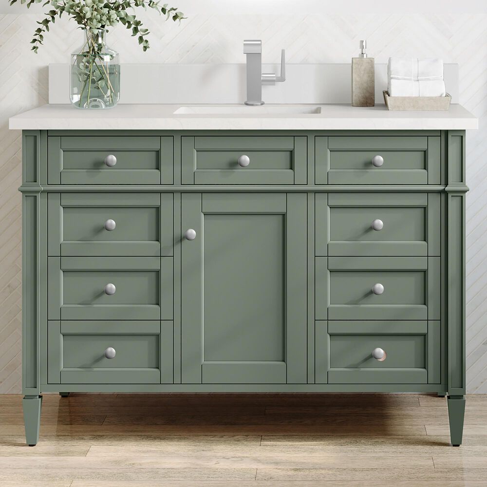James Martin Vanities Brittany 30&quot; Single Bathroom Vanity in Smokey Celadon with Single Hole 3 cm White Zeus Quartz Top and Rectangular Sink, , large