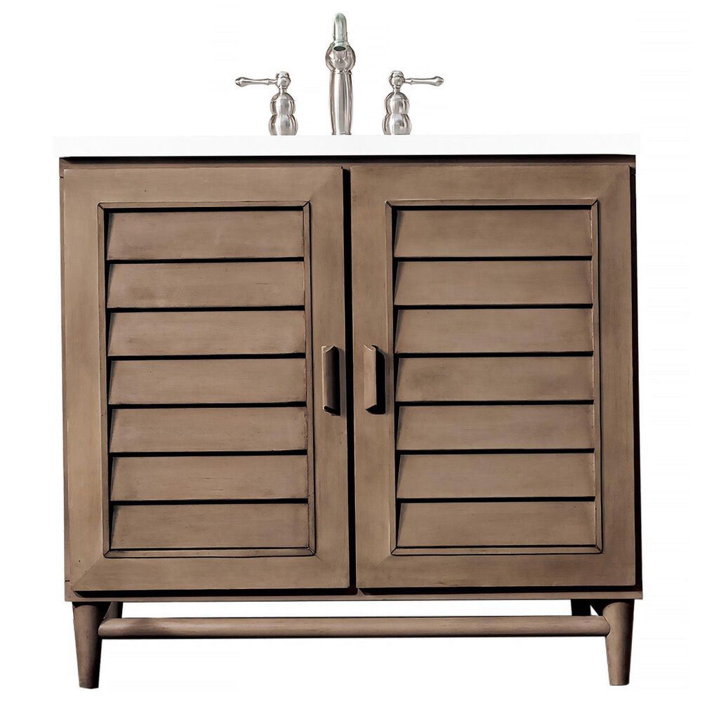 James Martin Vanities Portland 36" Single Bathroom Vanity in Whitewashed Walnut with 3 cm White Zeus Quartz Top and Rectangular Sink, , large