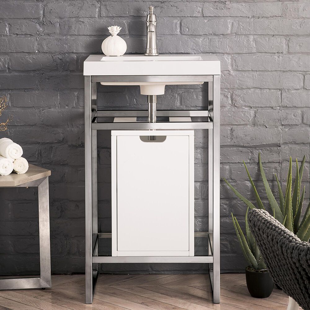 James Martin Vanities Boston 20&quot; Single White Door Bathroom Vanity in Brushed Nickel with 3 cm White Glossy Resin Countertop and Rectangular Sink, , large