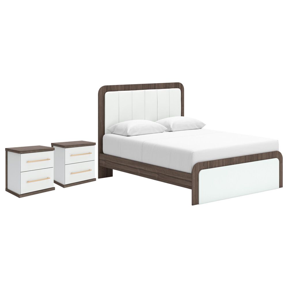 Ashley Kendanport Queen Upholstered Bed with Two Nightstands in Brown and White, , large