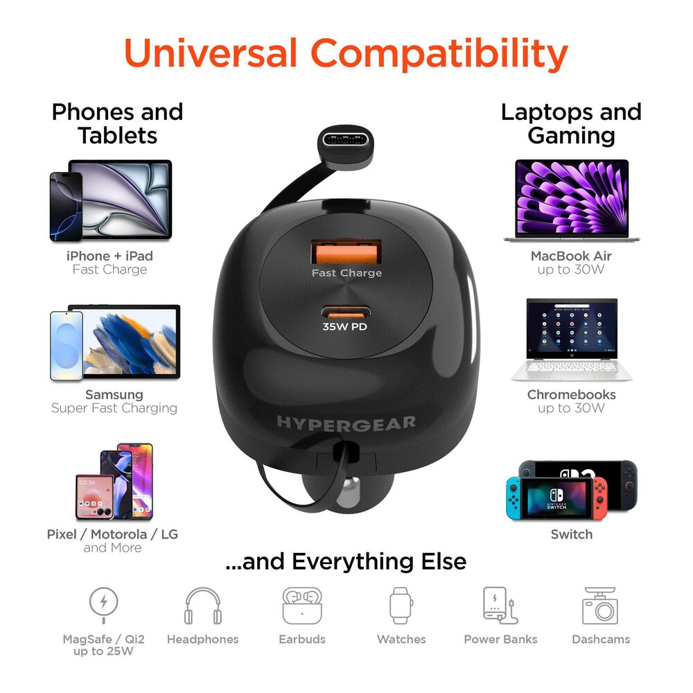 Hypercel SpeedBoost 3-in-1 Fast Car Charger with Retractable 30W USB-C PD Cable in Black, , large