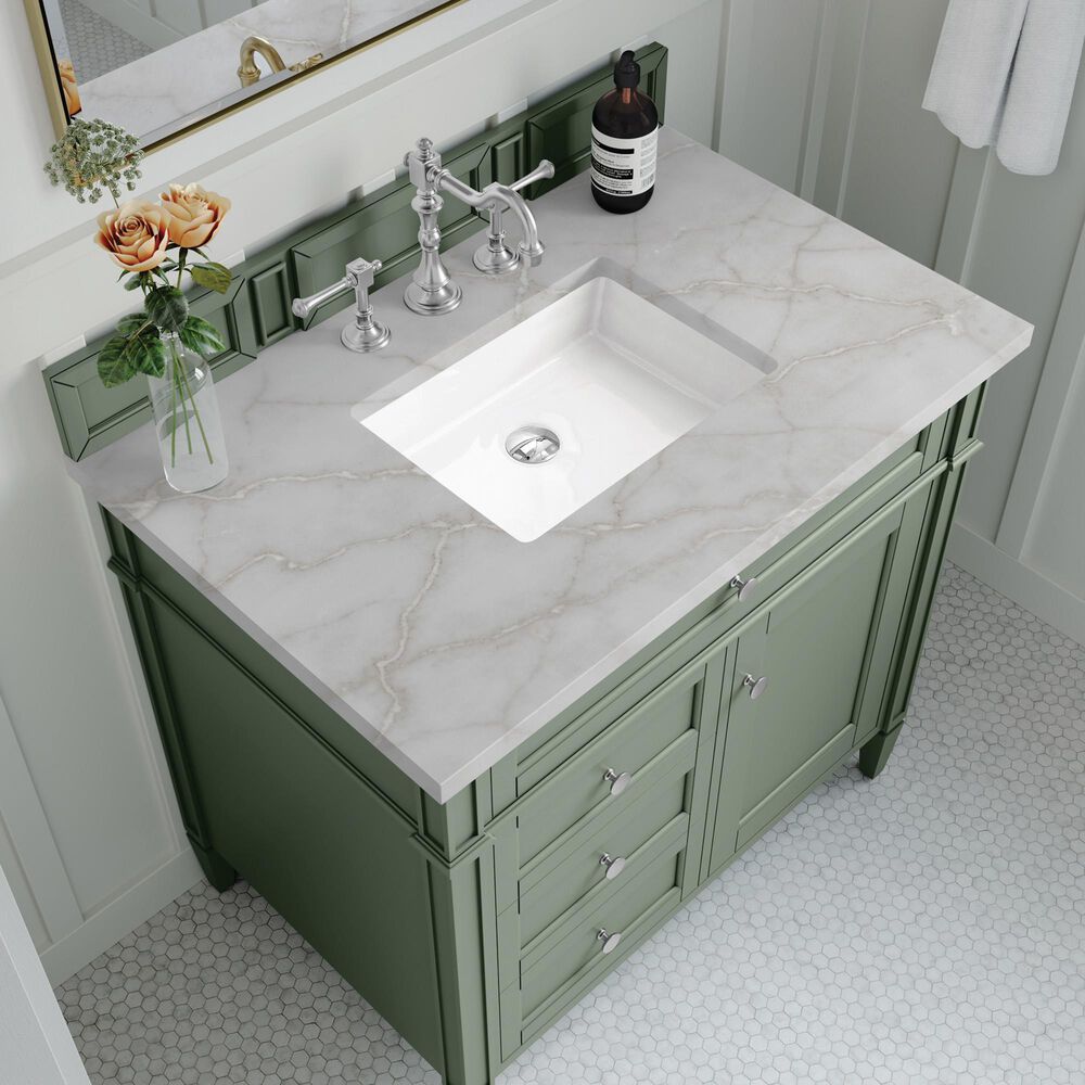James Martin Vanities Brittany 36" Single Bathroom Vanity in Smokey Celadon with 3 cm Victorian Silver Quartz Top and Rectangular Sink, , large