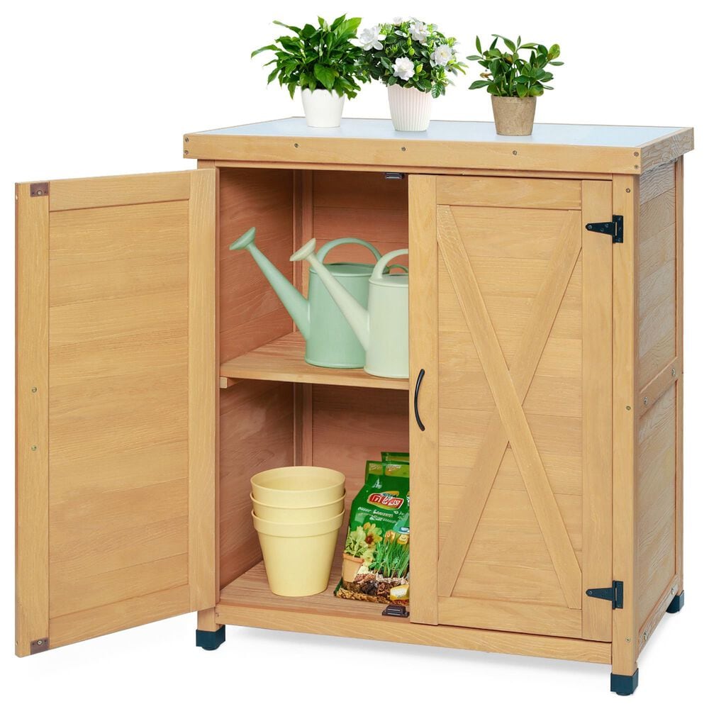 Hearth and Haven Outdoor Wooden Storage Cabinet with Metal Top and Adjustable Protective Footpad in Light Brown, , large