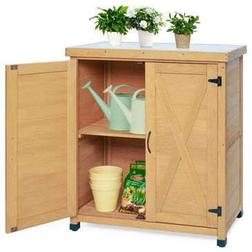 Hearth and Haven Outdoor Wooden Storage Cabinet with Metal Top and Adjustable Protective Footpad in Light Brown, , large