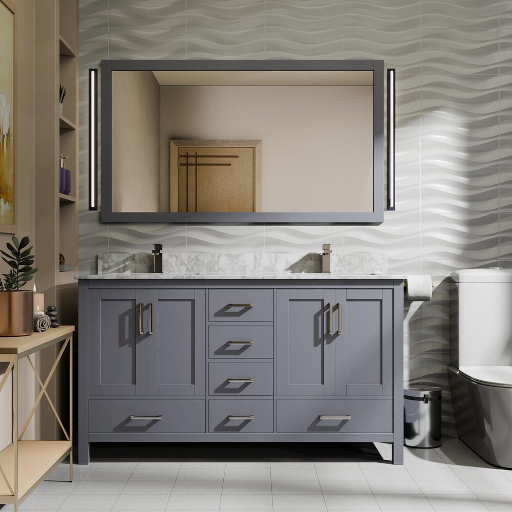 Lexora Home Jacques 60" Double Bathroom Vanity in Dark Grey with 2 cm White Carrara Marble Top and Rectangular Sinks, , large