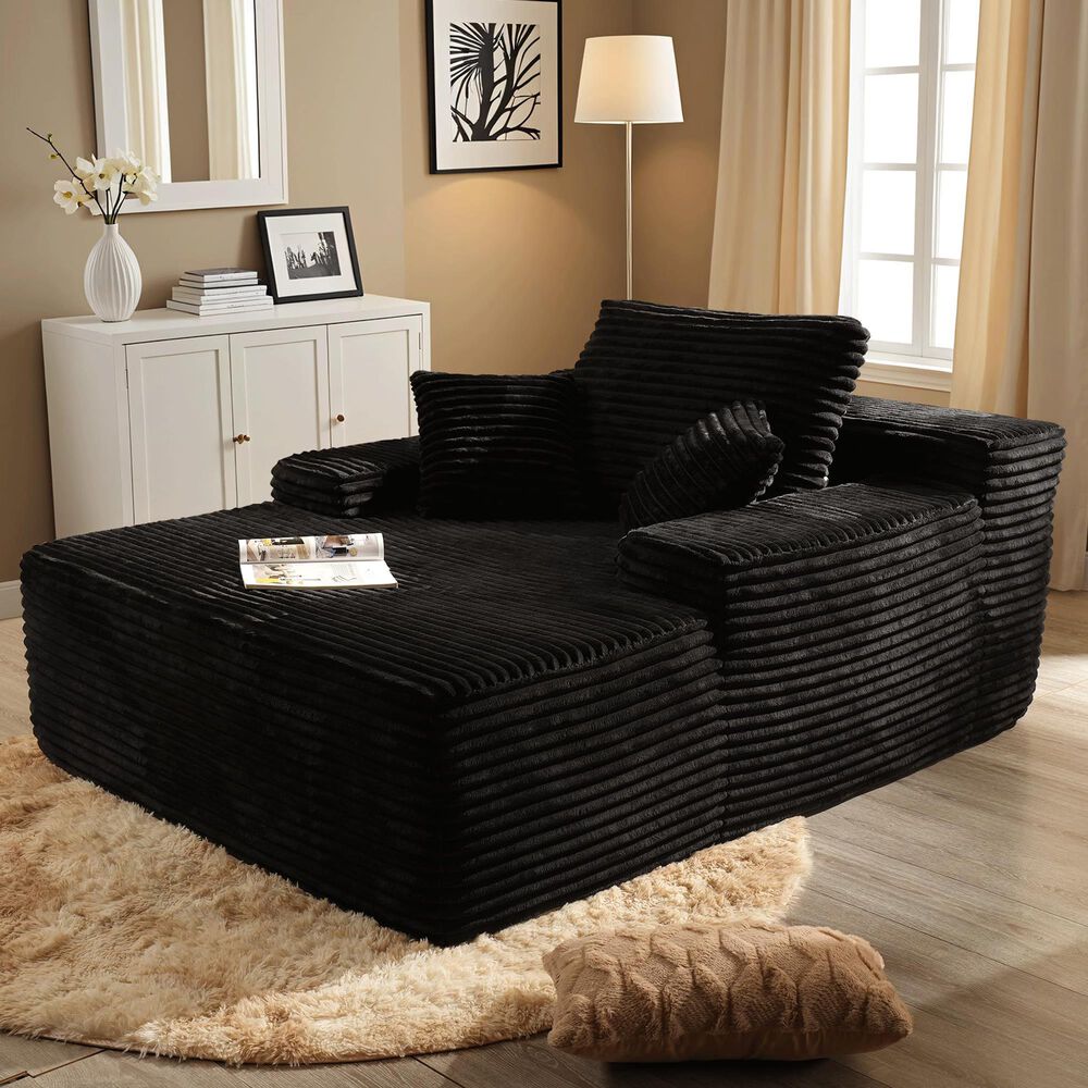 HOMLUX Cloud Faux Fur Chaise Lounge with Plush Pillows in Black, , large