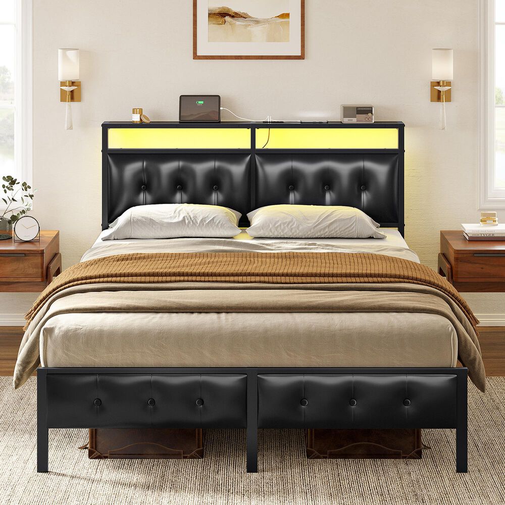 HOMLUX Queen Upholstered Platform Bed with 12.6" Under-bed Storage in Black, , large