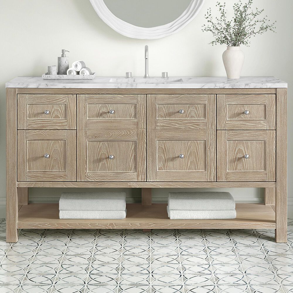 James Martin Vanities Breckenridge 60&quot; Single Bathroom Vanity in Whitewashed Oak with 3 cm Carrara White Marble Top and Rectangular Sink, , large
