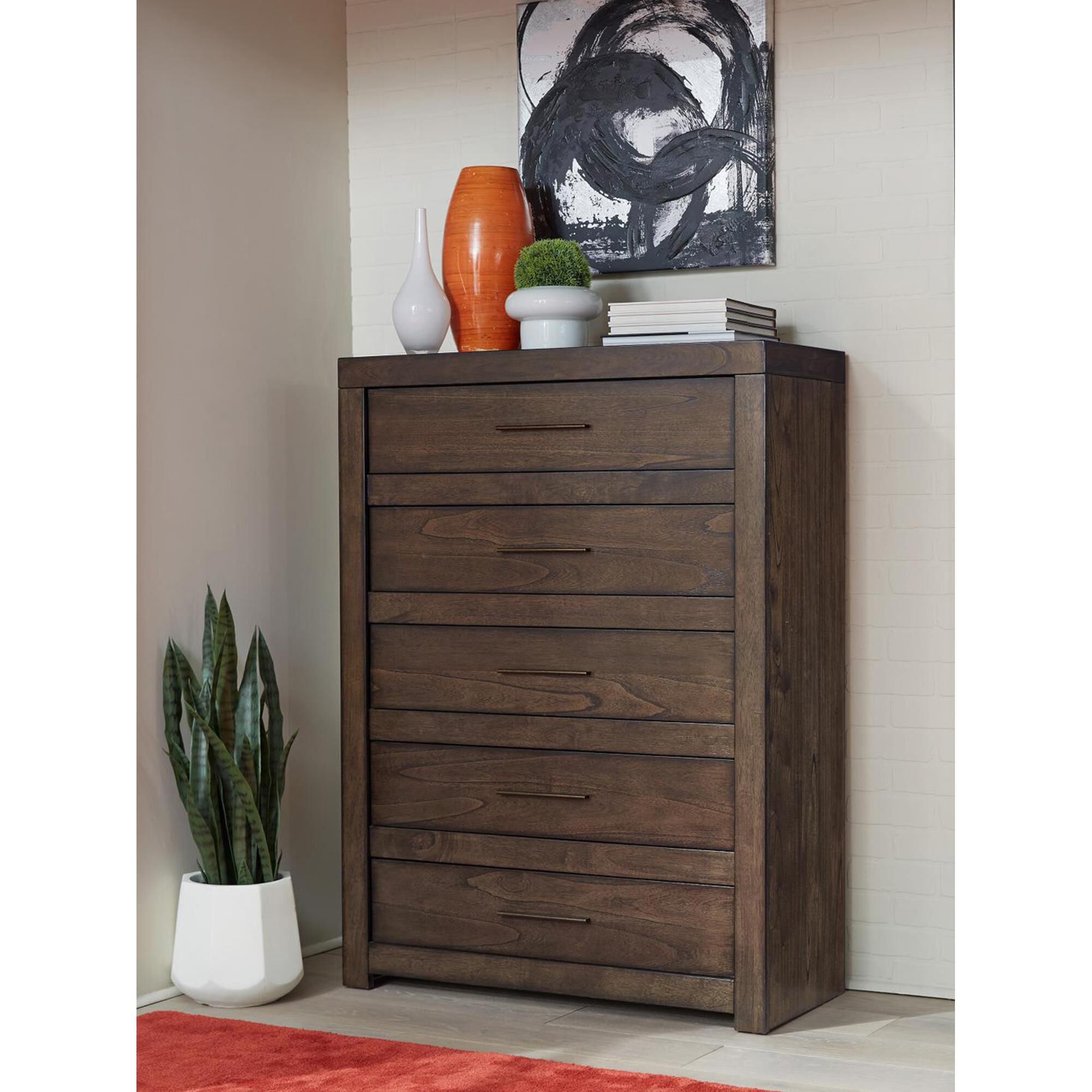 Riva Ridge Modern Loft 5 Drawer Chest in Brownstone