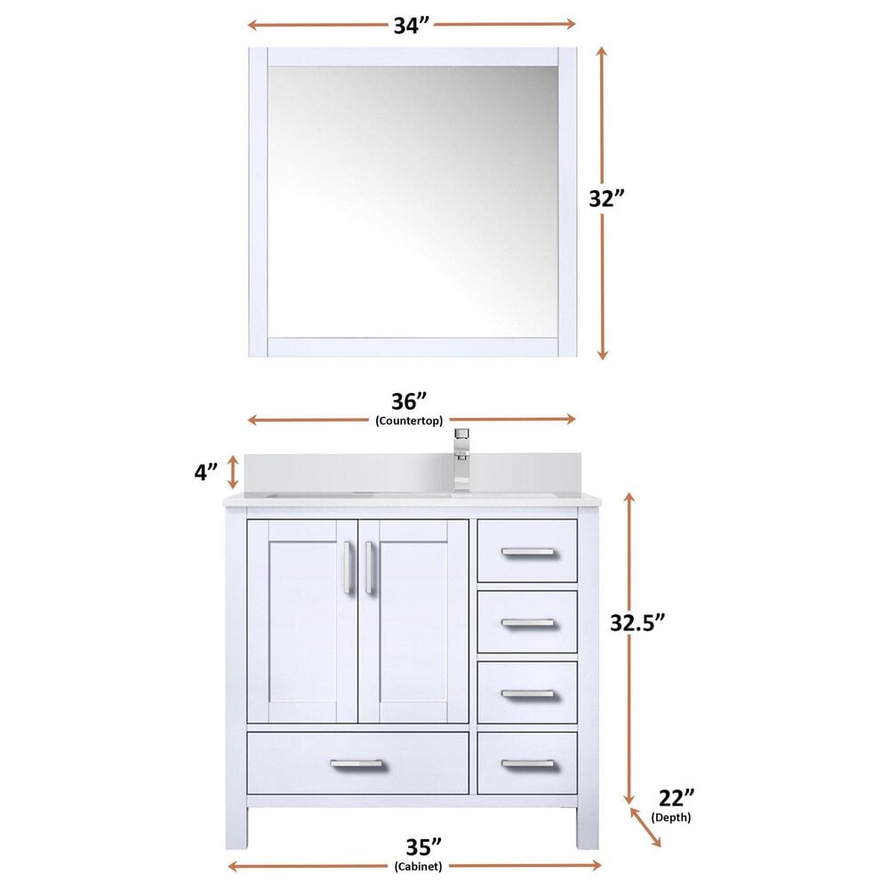 Lexora Home Jacques 36&quot; Left Offset Single Bathroom Vanity in Dark Grey with 2 cm White Quartz Top, Rectangular Sink and 34&quot; Mirror, , large