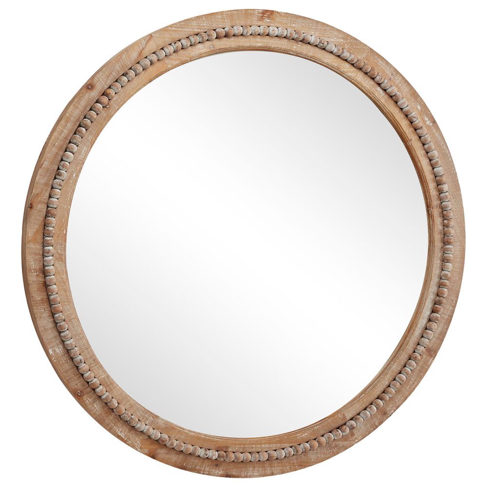 Maple and Jade 36&quot; Bohemian Wall Mirror with Beaded Frame in Distressed Light Brown and White, , large