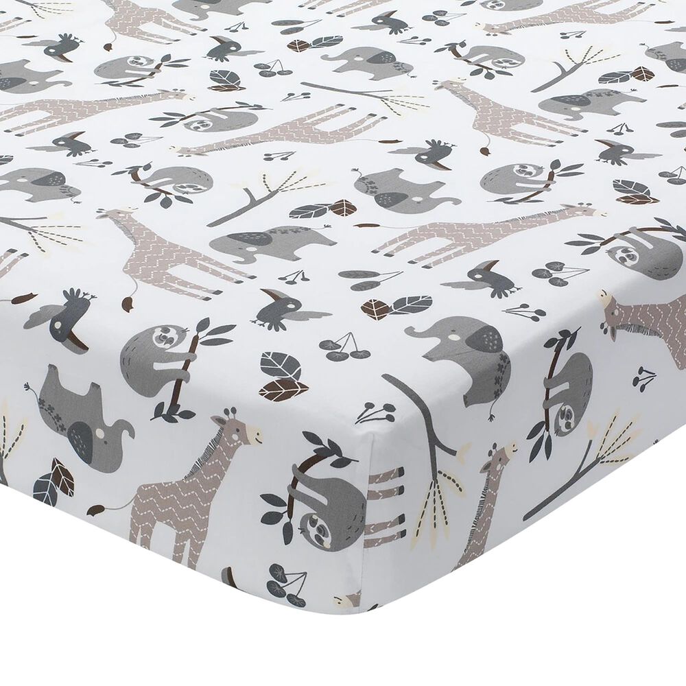 Lambs and Ivy Baby Jungle Animals Fitted Crib Sheet in Gray, White and Taupe, , large