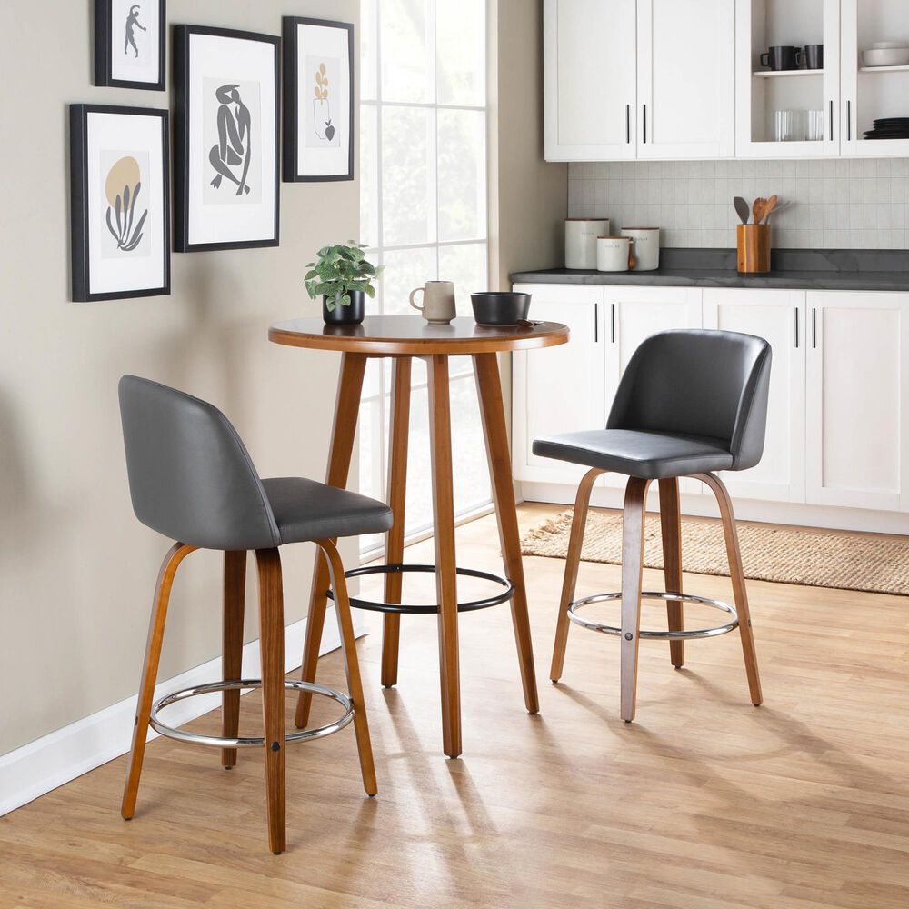 LumiSource Toriano Swivel Counter Stool with Grey Faux Leather Upholstery in Walnut and Chrome (Set of 2), , large