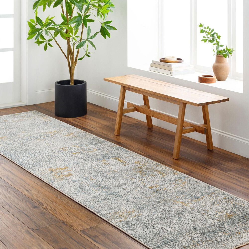 Surya Dresden DRE-2320 White, Medium Gray, Light Slate, Gray, Denim and Mustard 2&#39;7&quot; x 10&#39; Runner, , large
